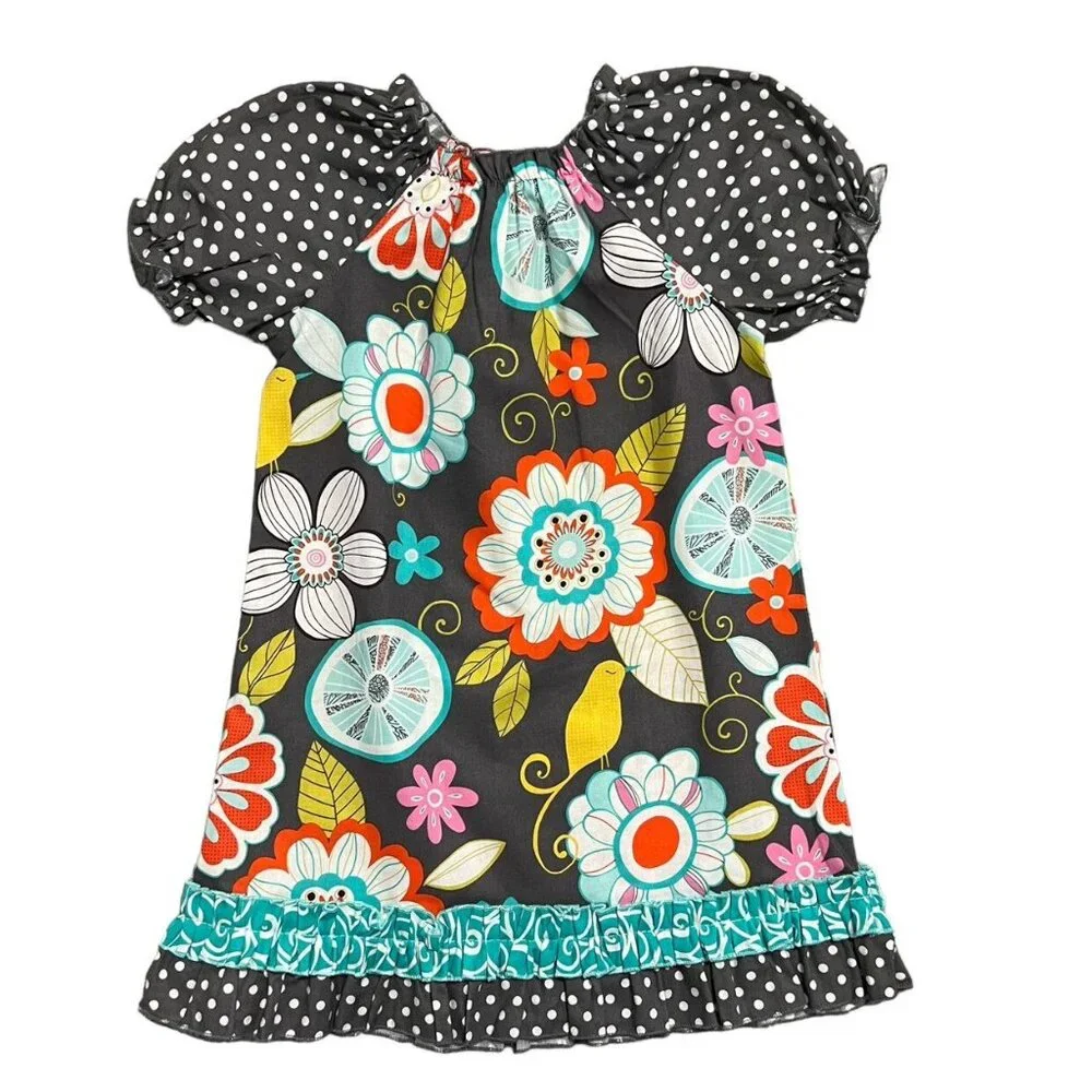Lolly Wolly Doodle 4T Mixed Print Floral Bird Polkadot Dress